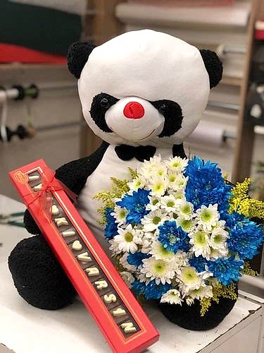 50 cm Panda+Renkli Papatya+Mesajlı Çikolata